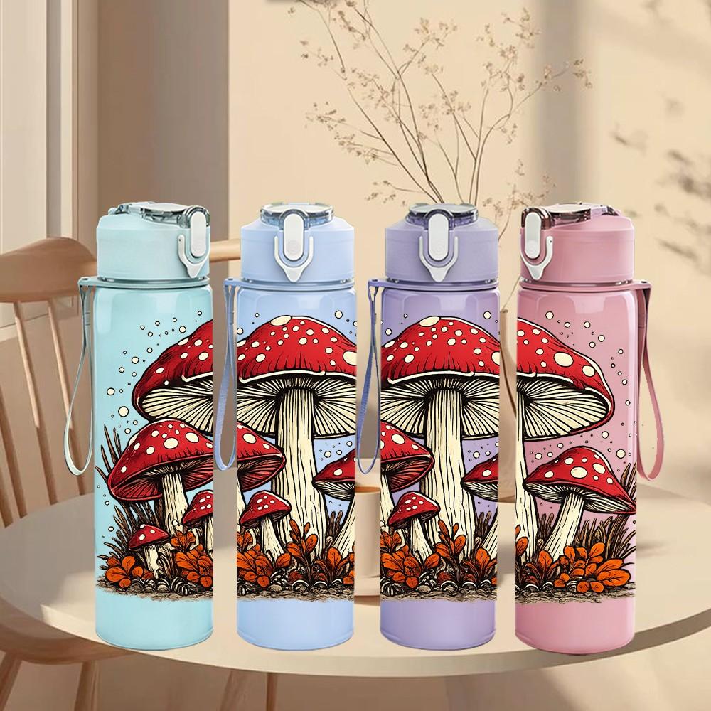 1PC Forest Red Mushroom Plant Art Print 750ml Color Plastic Sports Water Bottle Leakproof Flip Straw Lid Suitable for Sports Office Home Use