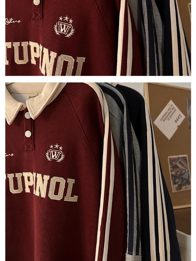 Men's Polo Sweatshirt 2025: Hong Kong-Inspired, Loose-Fit, Retro College Style, Long-Sleeve Top for Spring and Autumn.