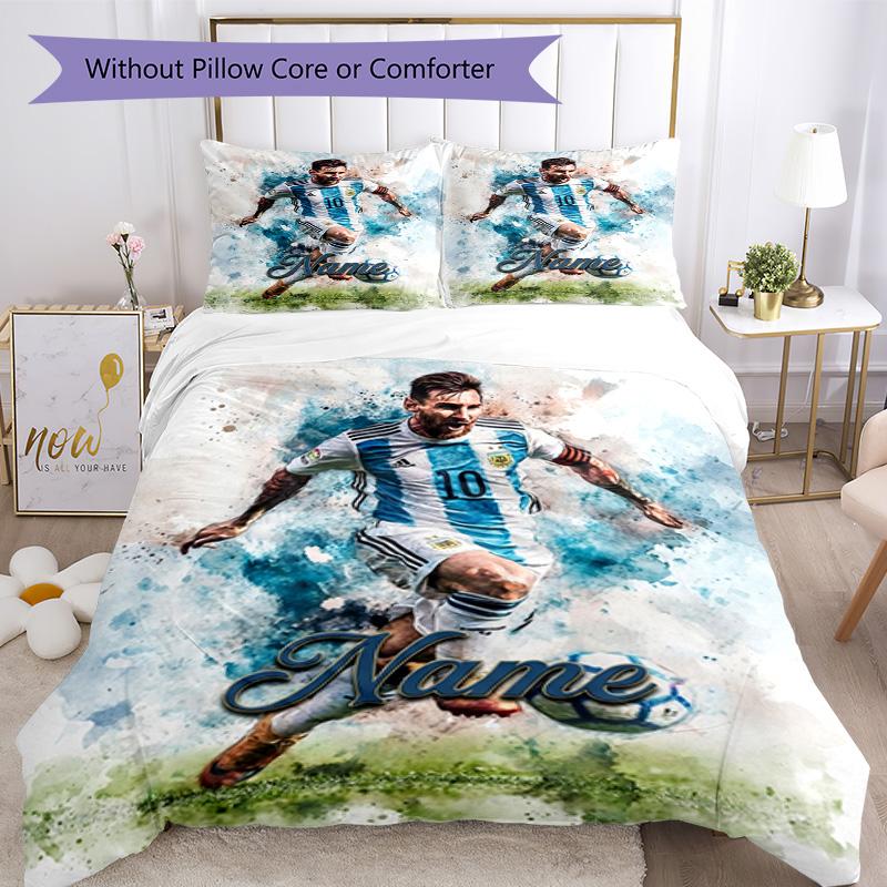 Messi Custom Name Soccer Watercolor Personalized Name Bedding Set,Light Bed Linen for Dorm Home Decoration,Perfect Festival Gift for Boys,Fade Resista