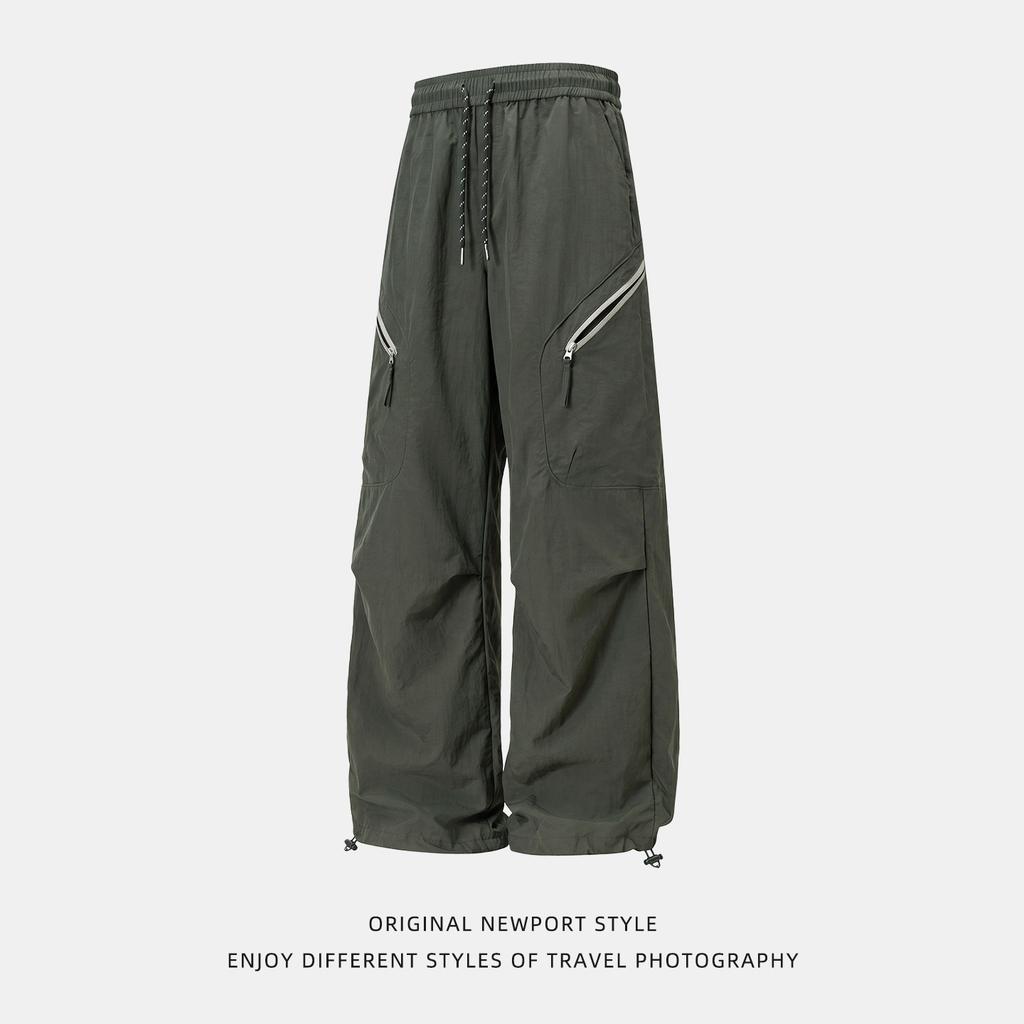 Contrasting color zipper anti-splashing tooling paratrooper pants men's autumn light outdoor split pleated casual long pants