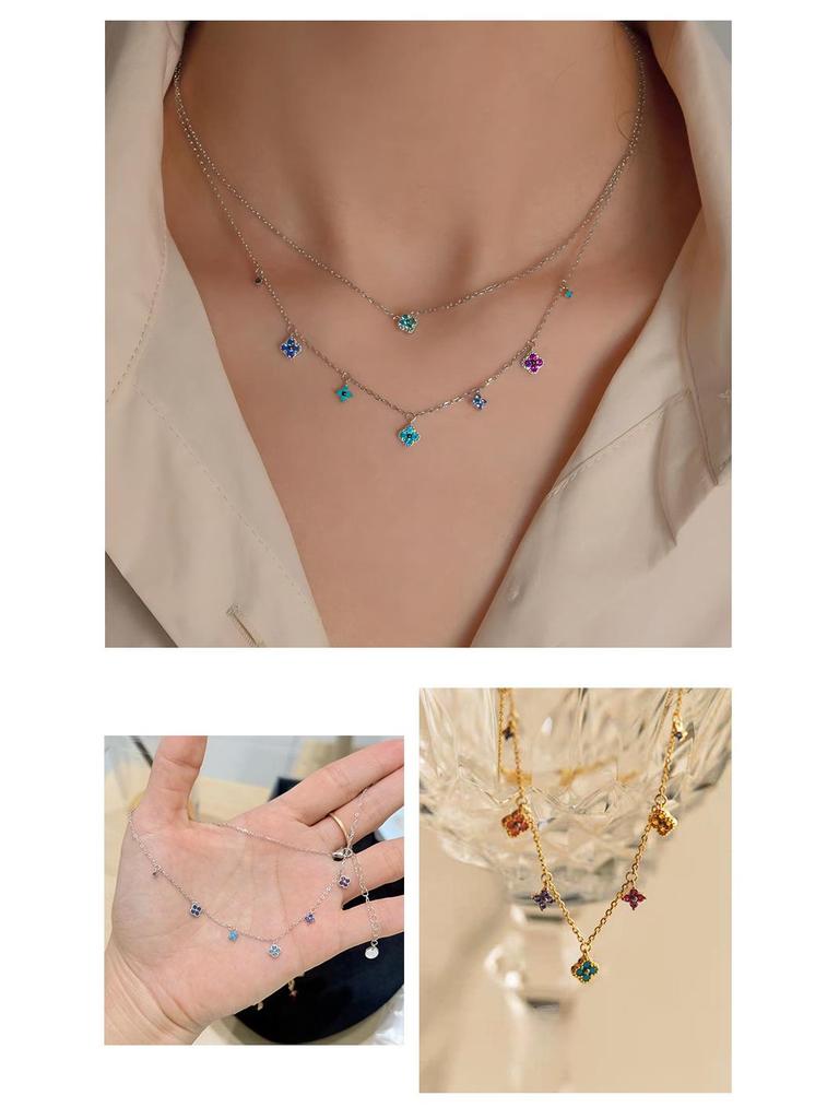 S925 Sterlingsilber Bunte Vierblättriges Kleeblatt Halskette - Damen Leichter Luxus Mode, Stilvolle Schlüsselbeinkette, Vielseitiges und Modernes Design.