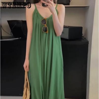 Women's Dresses Age-defying Halter Dresses Loose Niche Design Pleated Draped Sense of Solid Color Mid-length Dresses Plus Size