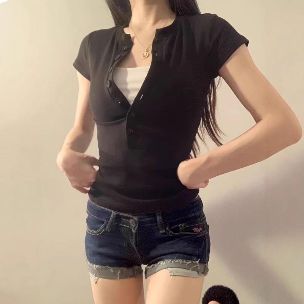 Women's Summer Shoulder Design Slim Fit Round Neck Short-Sleeved T-Shirt