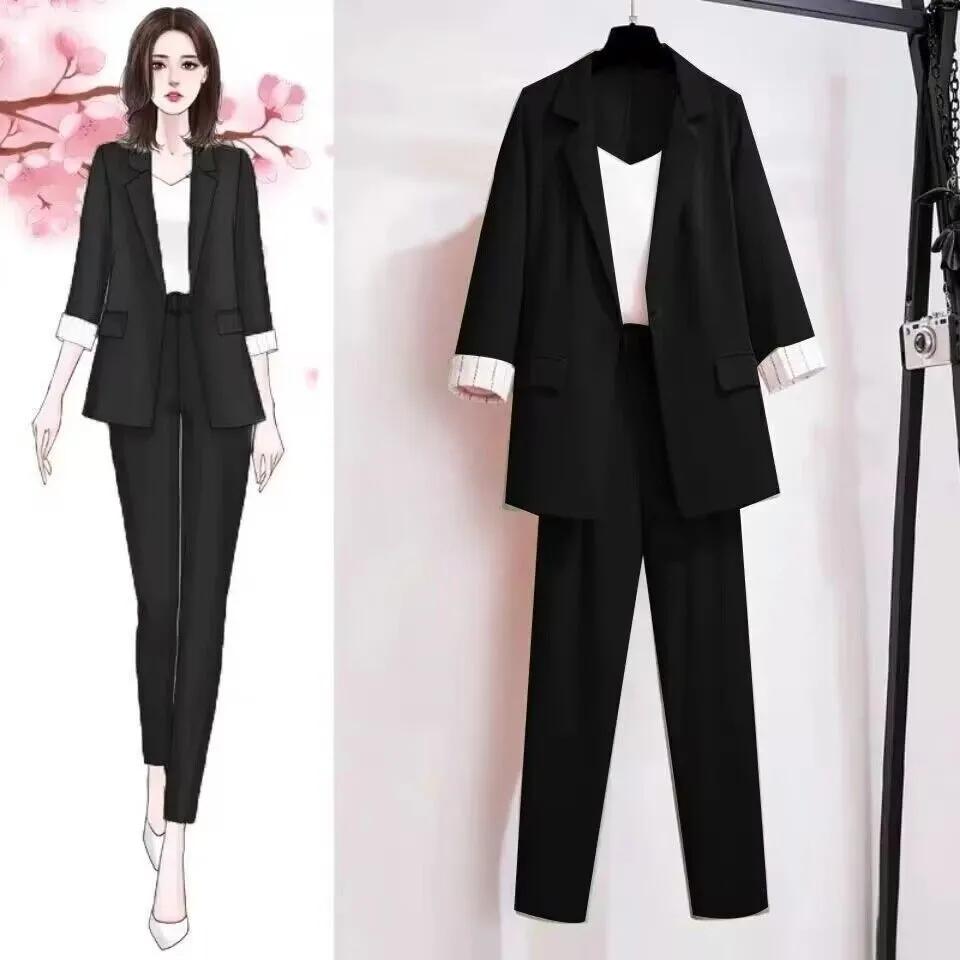 Frühling Übergröße Koreanischer Eleganter Damenanzug Damenblazer Freizeithose Tweedanzugjacke Dreiteiliges Jacke-Hosen-Set