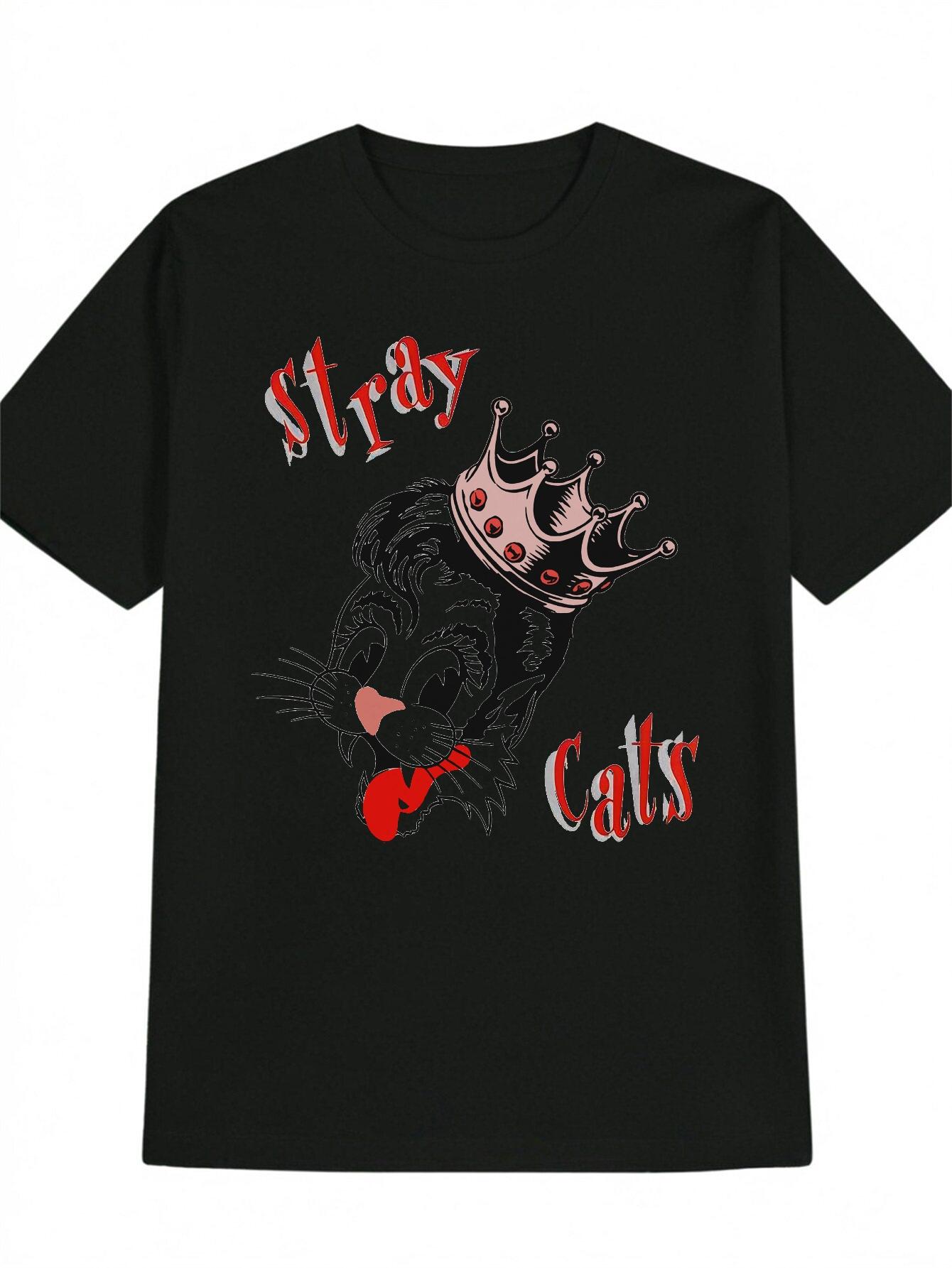 Casual Graphic T-shirt - Black Cat with Crown & Guitar Print M