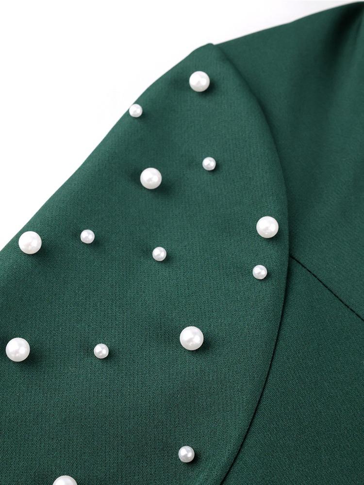 Elegant DarkGreen Turn Down Collar Long Sleeve Blazer Beaded Office Ladies Work Church Evening Party Blazer