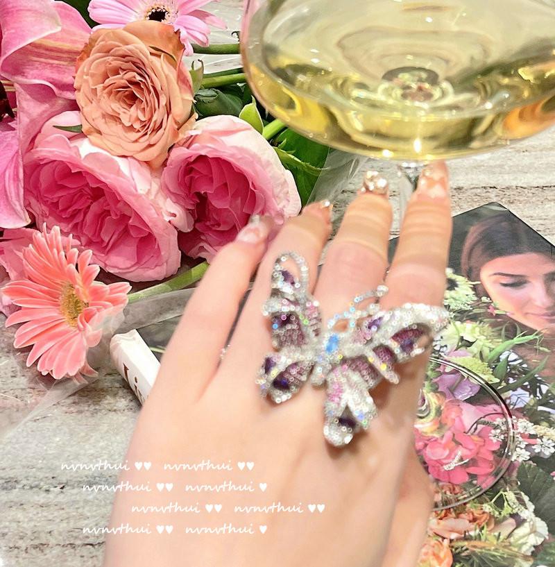 Mirage Grape Purple Gem Butterfly Elf Ring, Designer Plated 18K Gold Treasure Zircon Butterfly Ring Medieval