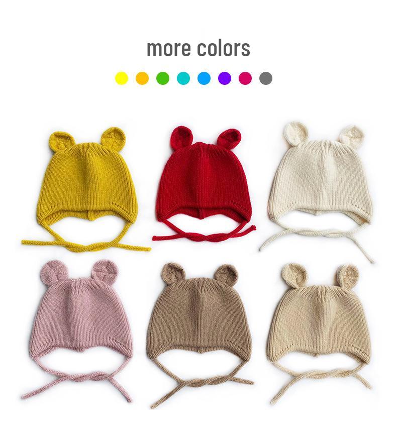 Children's Cute Knit Hat with Round Ears - Autumn/Winter Wool Hat with Drawstring and Ear Protection for Boys and Girls