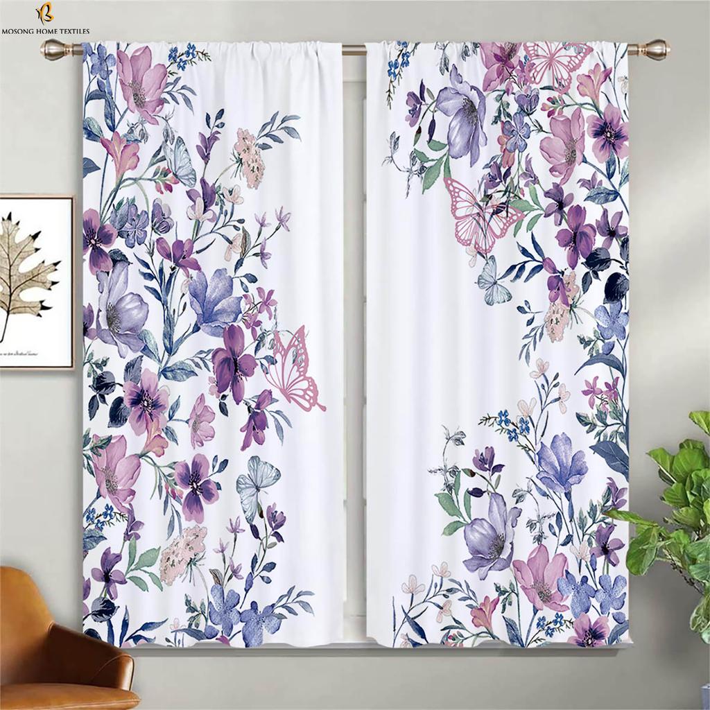 Floral Butterfly 3D Printed Curtain Rod Pocket Bedroom Living Room Kitchen Window Curtain Home Decor 2 Pieces