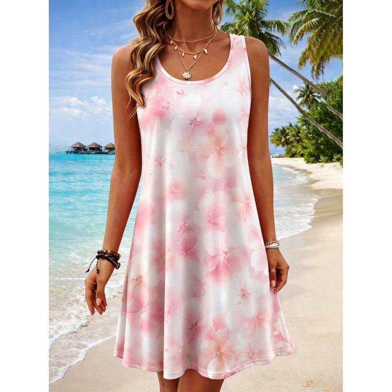 Women's Round Neck Sleeveless Tropical Hibiscus Print Casual A-Line Mini Dress, Beach Tank Dresses for Spring & Summer