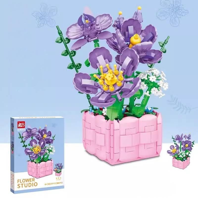 Blocks Building Puzzle Flower Peach Blossom Rose Cherry Blossom Kid Toy Model