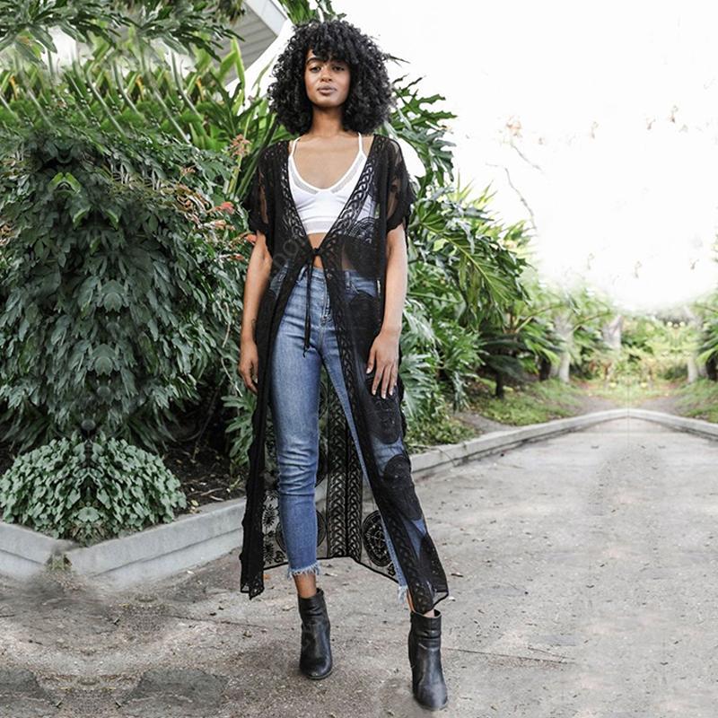 

2024 сексуальная прозрачная накидка на бикини, длинная черная кружевная туника, кимоно больших размеров для женщин, летняя пляжная одежда, купальник, накидка One szie чёрный