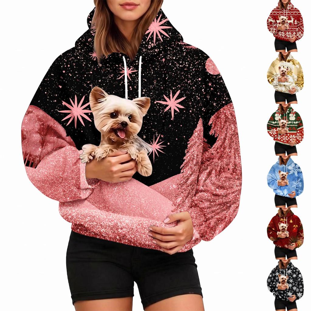Damen Mode Kariertes Kapuzensweatshirt mit Tier Tasche, Lässiger Pullover Hoodie