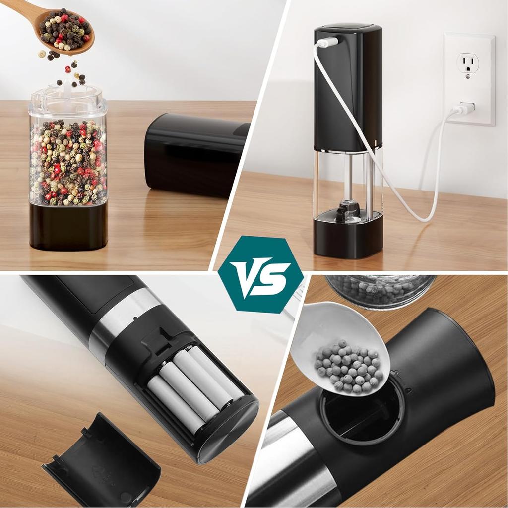 Electric Salt and Pepper Grinder Set,Rechargeable Electric Pepper Grinder with LED Display,Adjustable Coarseness,Large Capacity Refillable Salt