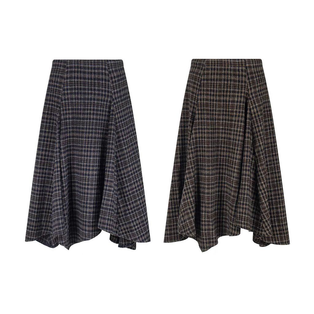 UNBDNS Women's Spring High Waist Irregular Plaid Woolen A-line Umbrella Skirt