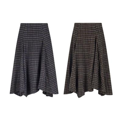 UNBDNS Women's Spring High Waist Irregular Plaid Woolen A-line Umbrella Skirt