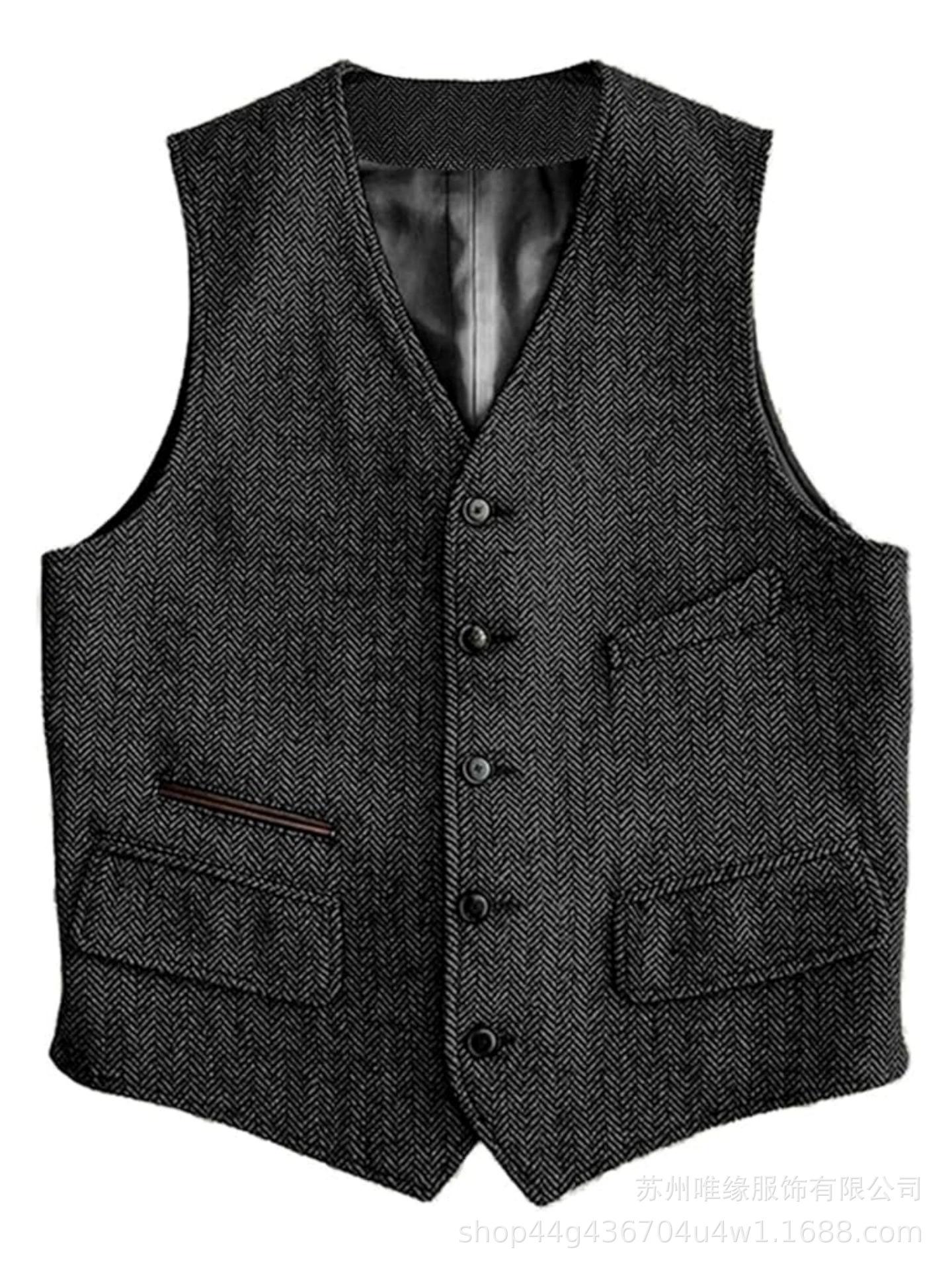 

Мужской жилет Коричневый елочка Однобортный Жилет Винтаж Обычный Приталенный для Свадьбы Банкета Работы Повседневный Мужской Костюмный Жилет XS чёрный