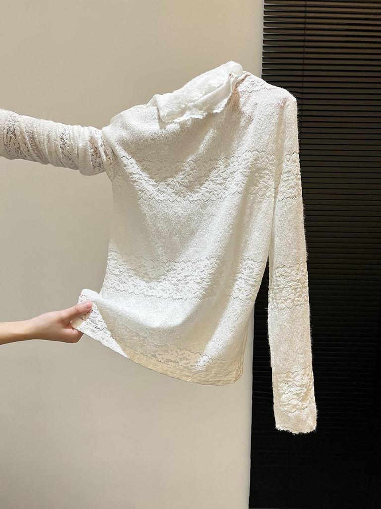 Gradient Lace High-Neck Long Sleeve Top - Chic Autumn/Winter Layering Cover-up