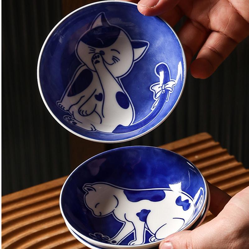 4 STÜCKE Saucengerichte im japanischen Stil Sushi-Teller Geschirr Keramik Dessert Kreative niedlichen Cartoon Glückskatze Muster Wassertropfenform Teller