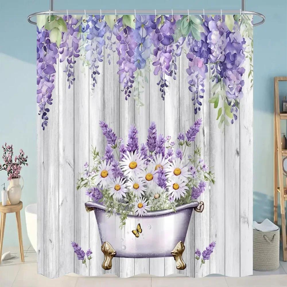 Sunflowers Lavender Shower Curtains Green Plants Popular Flowers Small White Daisy Butterflies Hanging Curtains Bathroom Decor
