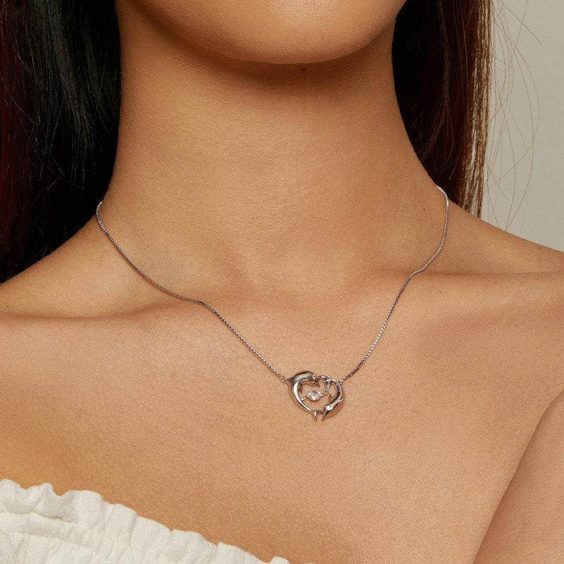 S925 Sterling Silver Connected Double Dolphins Necklace Shiny Zircon Love Neck Chain for Women Fine Jewelry
