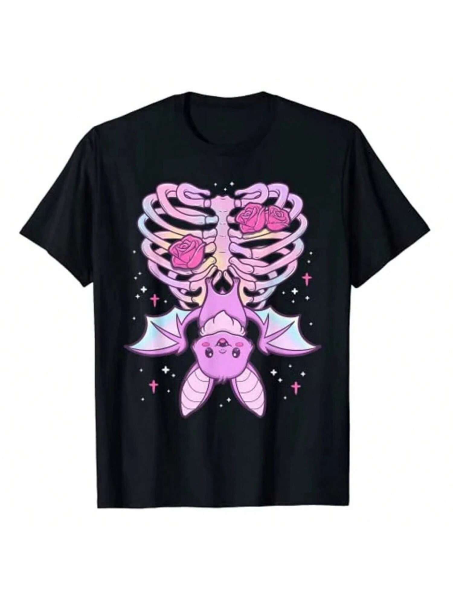 Ins Kawaii Pastel Goth Cute Creepy Bat Skeleton T-Shirt Anime Vaporwave Aesthetic Clothes Graphic Tee Tops Halloween Costume Y2k S разноцветный