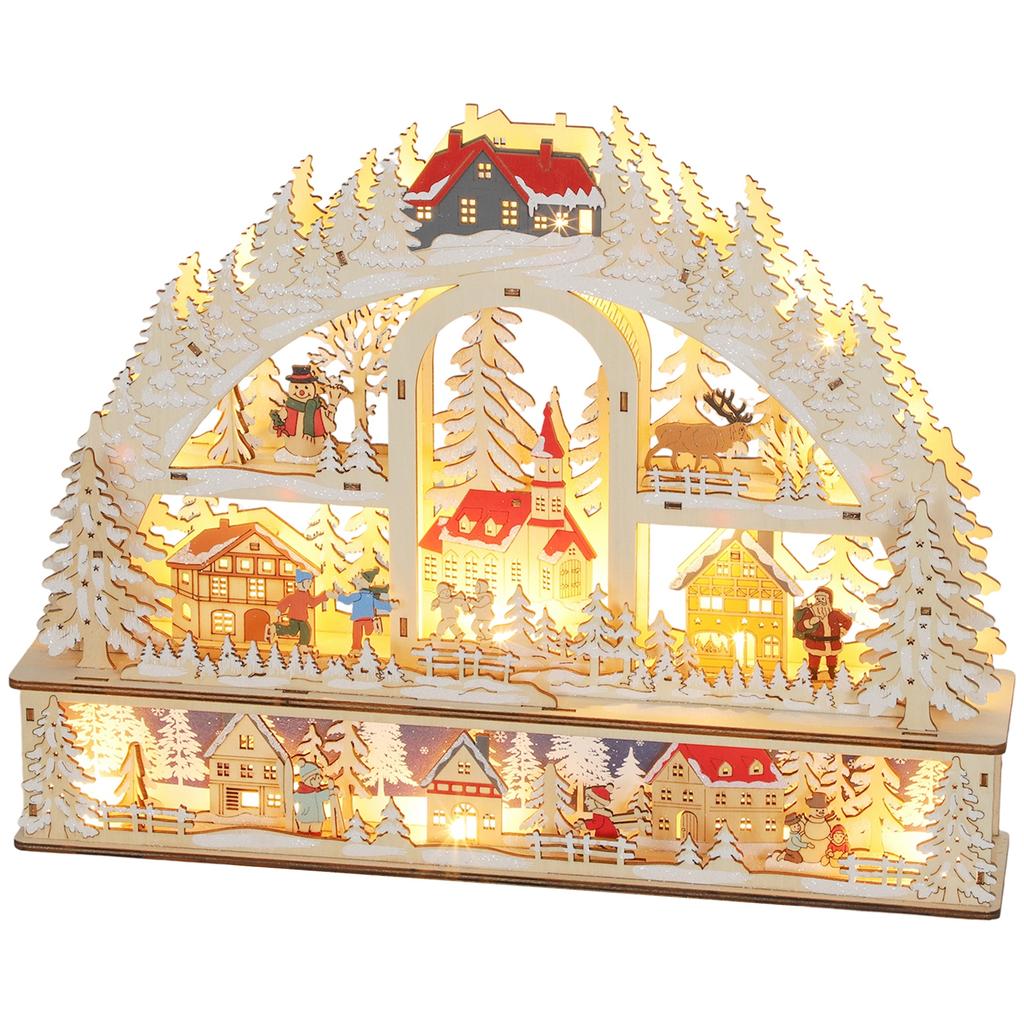 Christmas Village with LED Lighting, 45 cm Christmas Town with Snowman, Reindeer and Trees Natural Wood