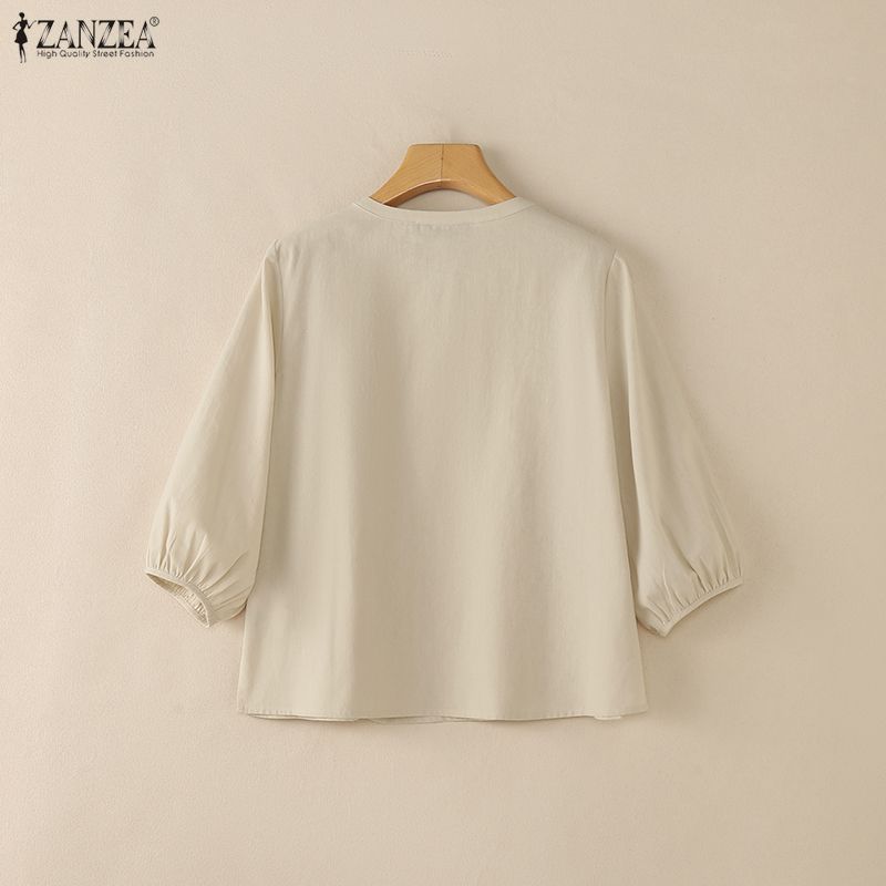 ZANZEA Women Casual V-Neck Solid Color 3/4 Sleeve Blouse
