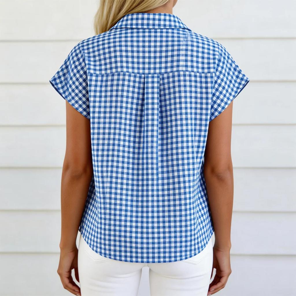 Women's Casual Loose Button Short Sleeve Plaid Shirt Top