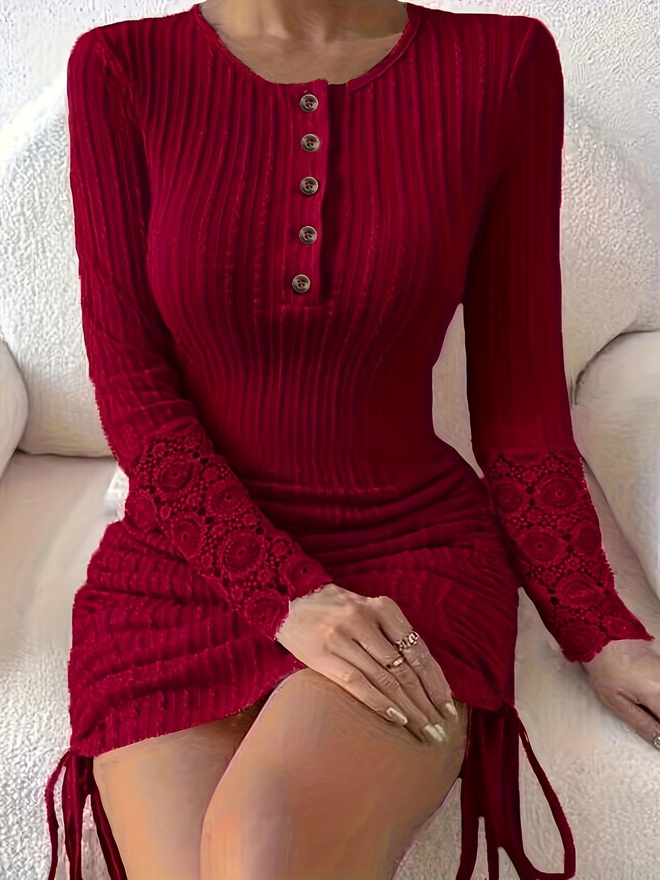 

2024 Autumn European & American Women s Solid Color Round Neck Bodycon Dress XL вино красного