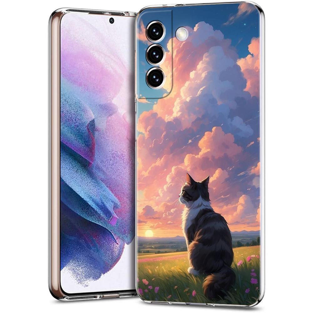 Transparent Phone Case Cover for Samsung Galaxy S25 S24 S23 S22 S20 S21 FE Ultra S24 S23 S10 S10E Plus Funny Sunset Cat Pattern