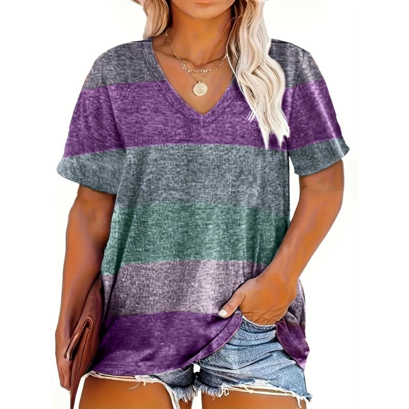 

Летний топ с V-образным вырезом, 3D полоской, сочетанием цветов и принтом, модные повседневные женские футболки с коротким рукавом L