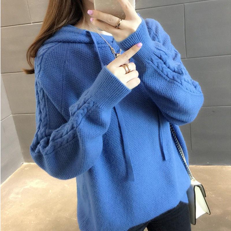 Svetr s kapucí Dámské Podzim/Zima Nový korejský svetr s volným rukávem Pevný Univerzální pletený svetr Dámský
