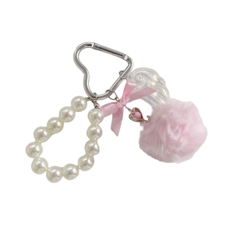 Elegant Pearls Pompoms Wing Keychain Winter Stylish Bag Charm Phone Ornament Fashion Accessory Gift For Her