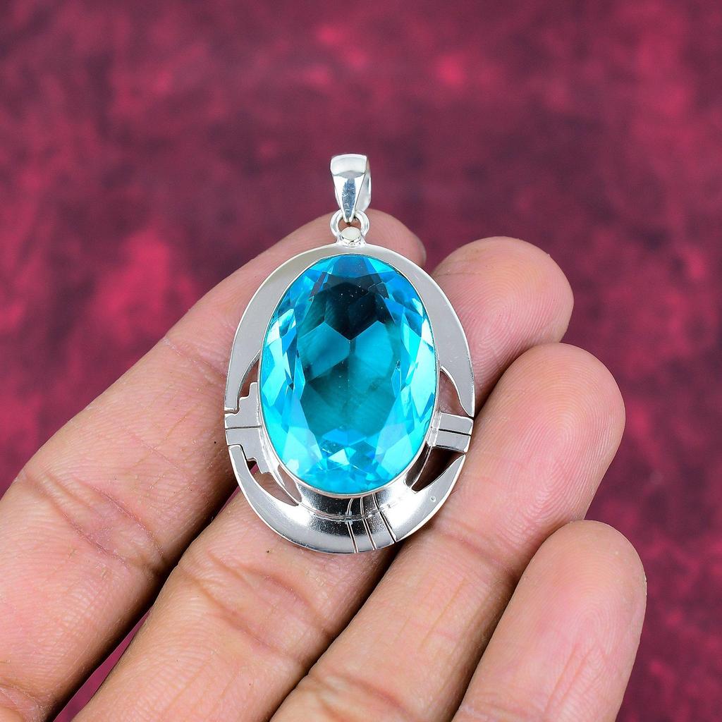 Swiss Blue Topaz Pendant, Handmade Gemstone Pendant, 925 Solid Sterling Silver Pendant Antique Jewelry, For Engagement Gift