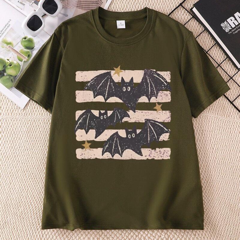 Vintage Bat Halloween TShirt Spooky Season Tee Fall Top Boho Witchy Goth Apparel T Shirts Casual Round Neck Printed Tshirts