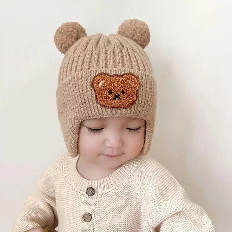Baby Teddy Bear Hat, Winter Thick Warm Woolen Hat, Cute Knitted Baby Ear Protection Hat, Baby and Toddler Autumn and Winter