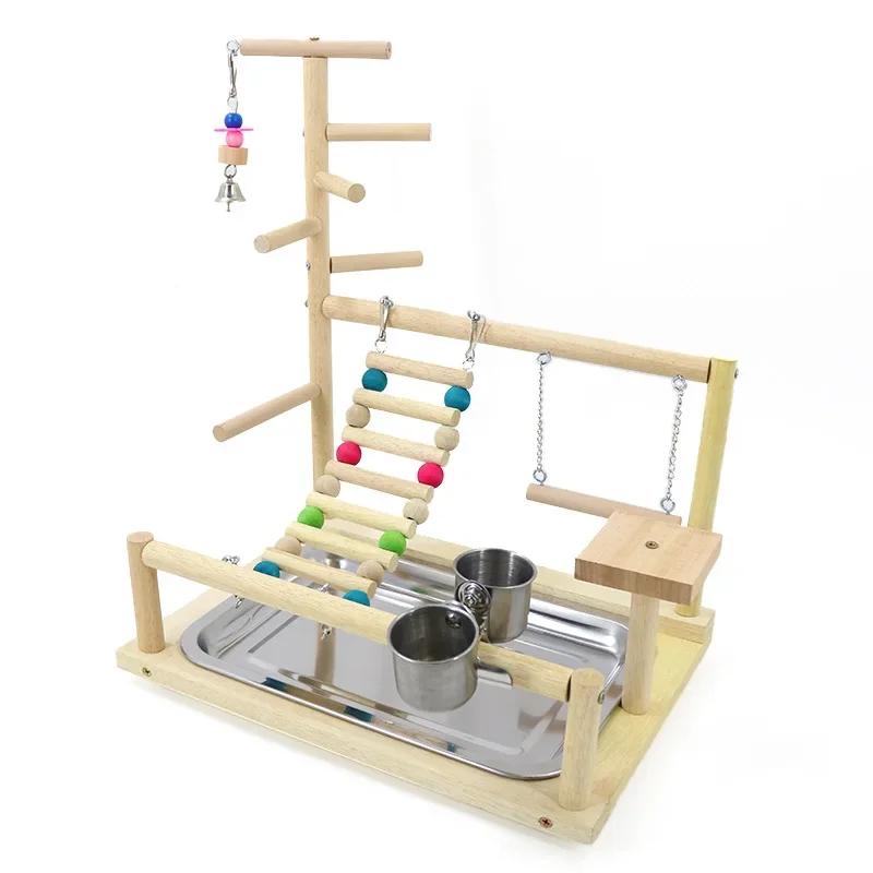Parrot Playstand Hračky pro ptáčky Hračky pro ptáky Stojan Korela Dětské hřiště Dřevěný bidélko Dětské hřiště Žebřík s kovovým krmným talířem Hračka