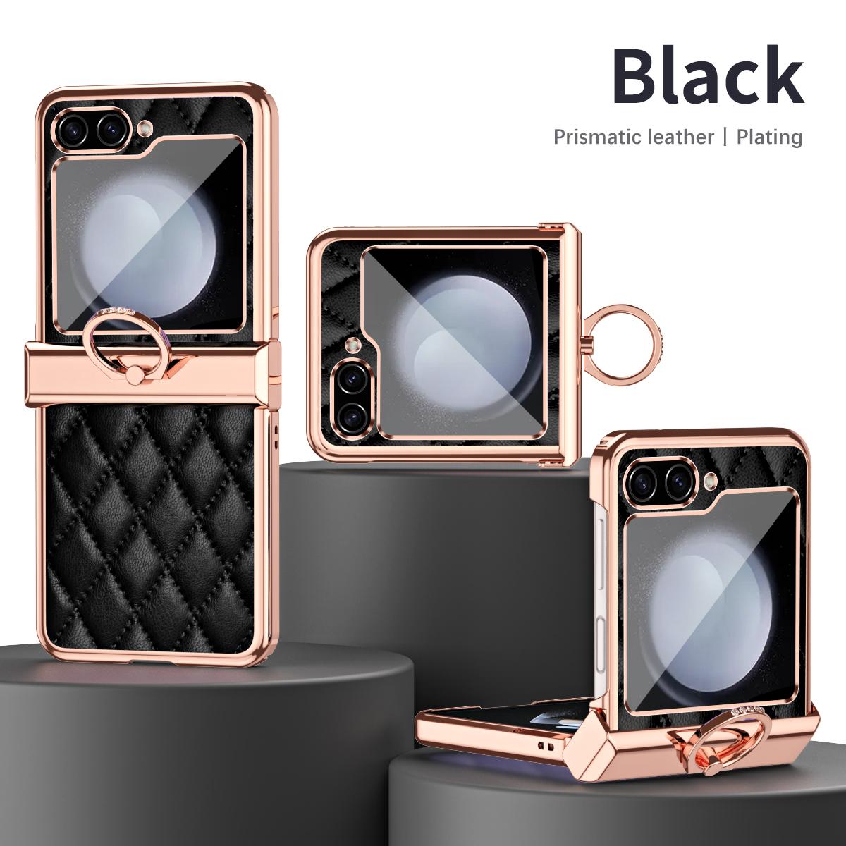 

RENGZ Ring Holder Hinge Protection Leather Case for Samsung Galaxy Z Flip 5 5G Small Fragrant Wind Shockproof Cover for Z Flip5 For Galaxy Z Flip 5 чёрный