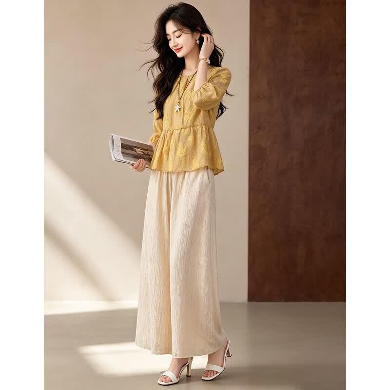 D.F.DEAR French Style Flower Embroidered Top & Wide-Leg Pants Set