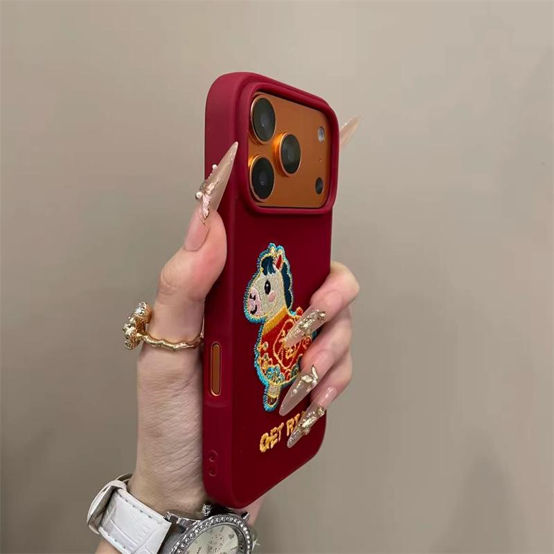 iPhone 14/15/16/17 Pro New Year Embroidered Red Velvet Fu Character Horse Case