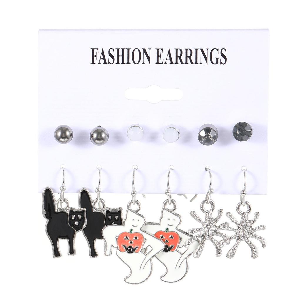 Cross-Border Halloween Earrings Set: Ghost, Pumpkin, Witch, Skeleton, Spider, Black Cat, Bat, Spider Web Ear Studs