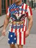 Men's T-Shirt And Shorts Set Red White Blue Star Flag Print Casual Summer Outfit With Crew Neck Short Sleeve Tees Sets