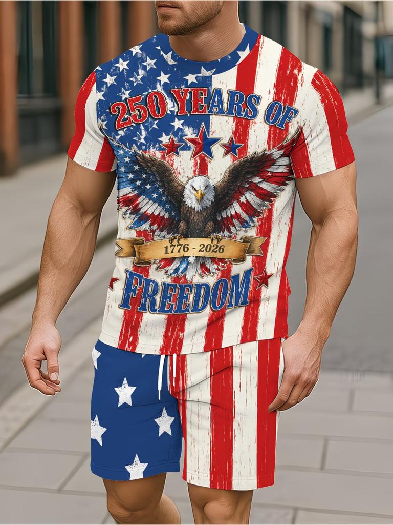 Men's T-Shirt And Shorts Set Red White Blue Star Flag Print Casual Summer Outfit With Crew Neck Short Sleeve Tees Sets