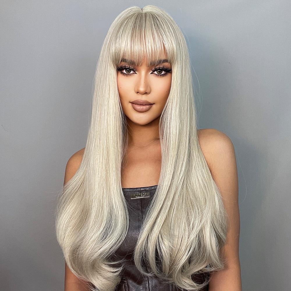 Long Natural Wavy Platinum Blonde Wigs with Bangs Cosplay Party Lolita Synthetic Wigs for Women Heat Resistant Fiber
