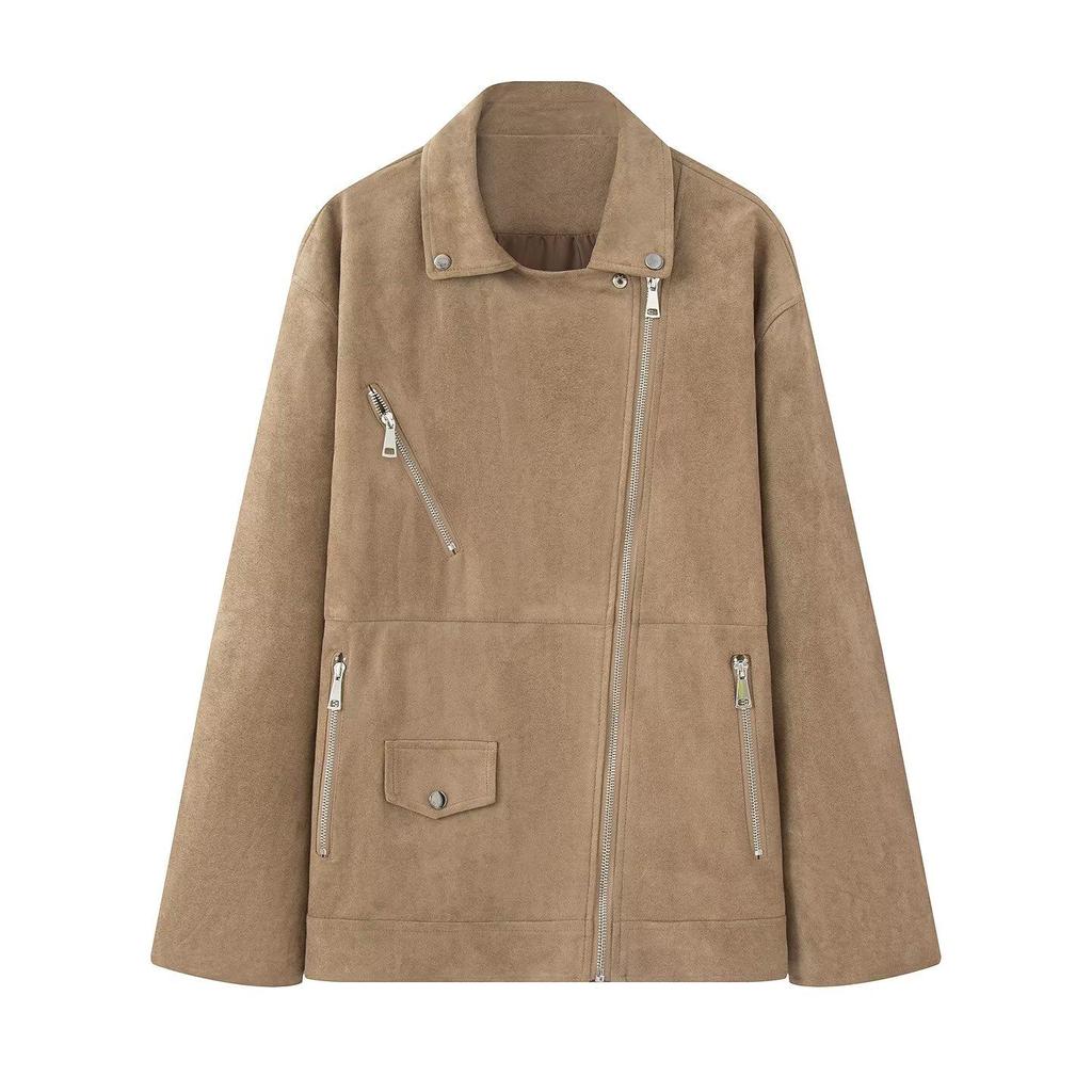 European & American Women's Suede-Effect Motorcycle Lapel Jacket