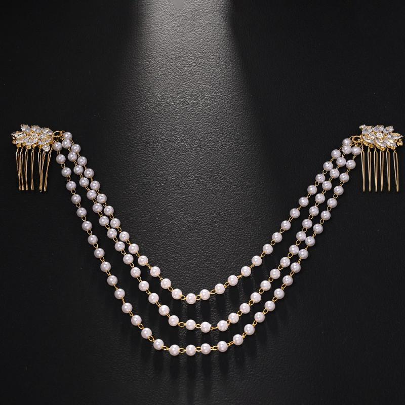 

Multi-layer Pearl Hair Chain Women Simple Retro Bride s Wedding Headwear High-end Fashion Rhinestones Insertion Comb золотистый
