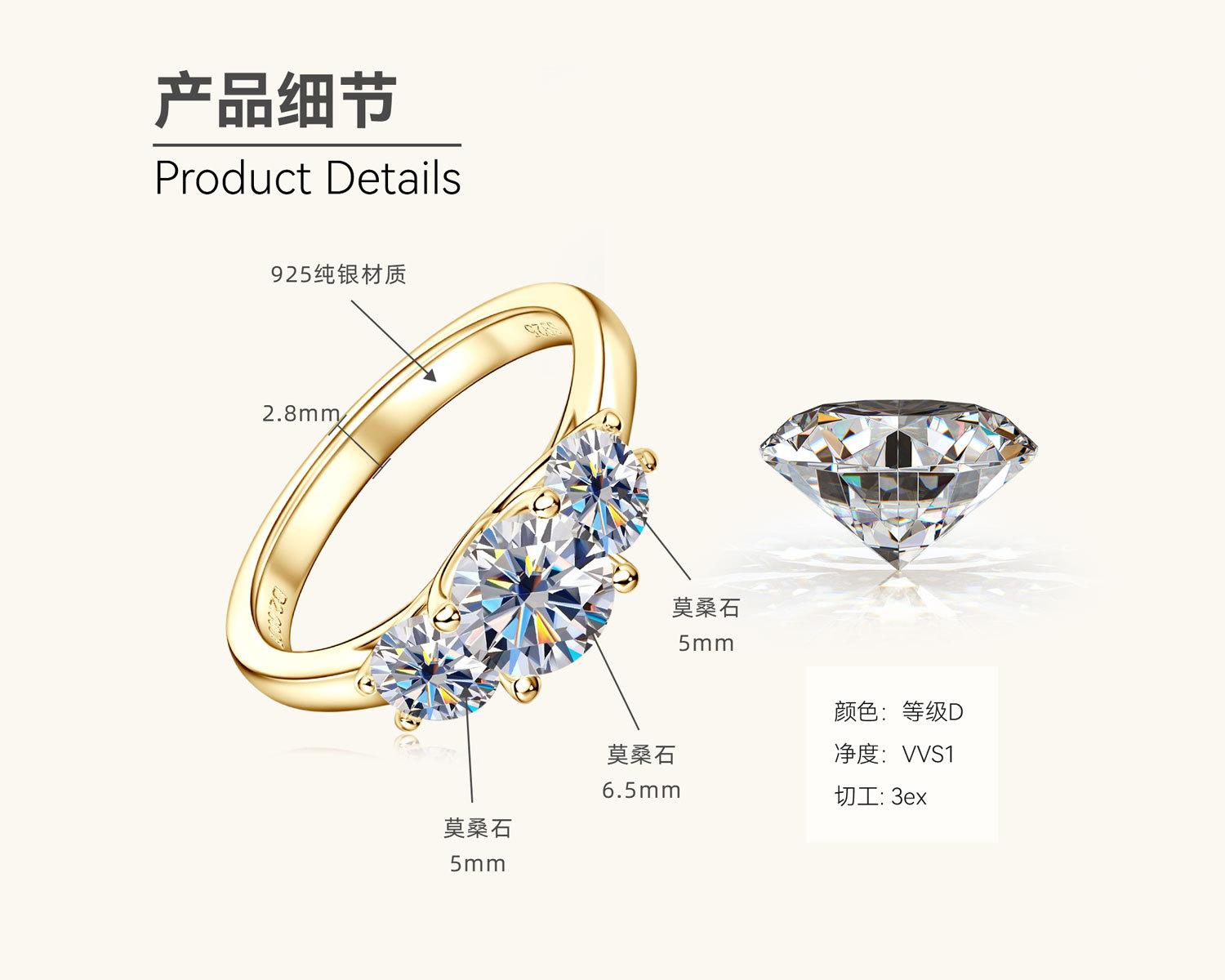 

Кольцо с муассанитом Silvere Glam S925 из чистого серебра Три жизни Три мира Кольцо 2 карата Высококлассное кольцо класса люкс Аксессуар Meihao 5