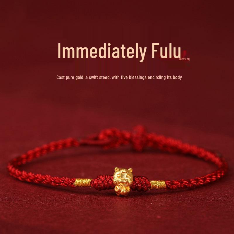 999 Fine Gold Four-Leaf Clover Zodiac Red String Bracelet for Men and Women
