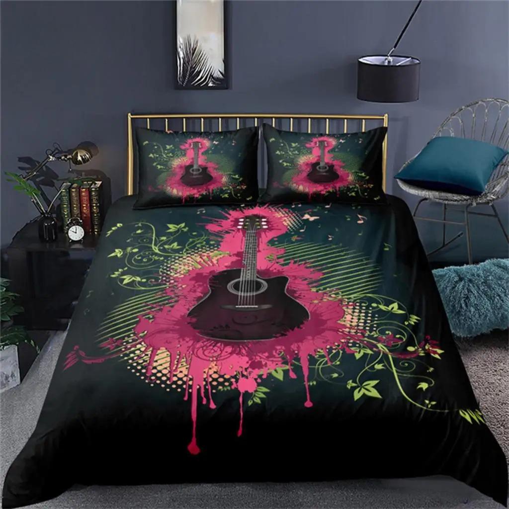 Vintage Guitar Duvet Cover Set Music Theme 2/3Pcs Bedding Set For Kids Teens Adult Microfiber Print Comforter Cover Pillowcase